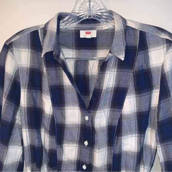 Levi's Blue and White Plaid Button Up Shirt with Tie L - Picture 5 of 10